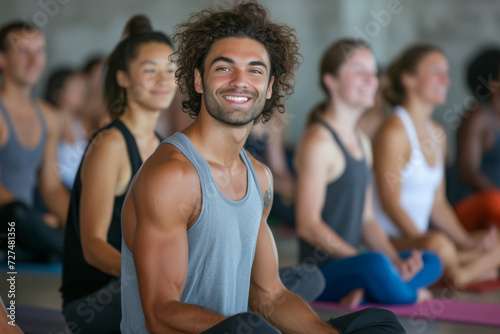 A group of people are sitting on yoga mats and smiling