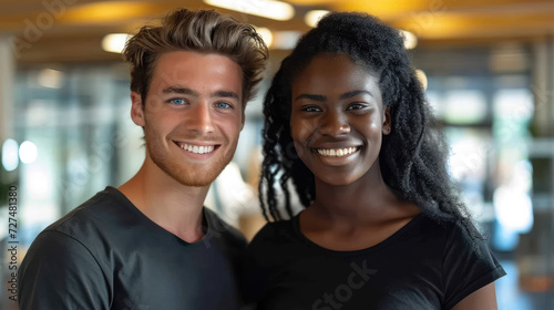 blue-eyed smiling young european white man and African American woman, colleagues against the background of a modern IT company office, business people, manager, professional, working, entrepreneur