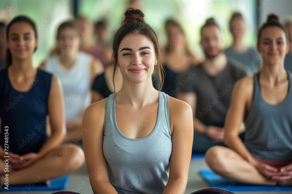 A woman sits in front of a group of people doing yoga