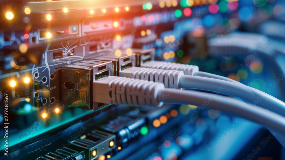 Fiber Optical cables connected to an optic ports and Network cables connected to ethernet ports Fiber Optical cables connected to an optic ports and Network cables connected to ethernet ports