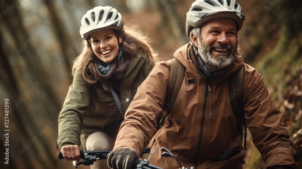 Fototapeta premium Happy couple riding bicycles in nature