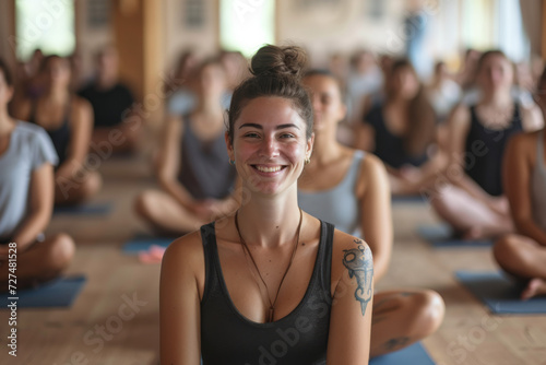 A woman with a tattoo on her arm is smiling in front of a group of people