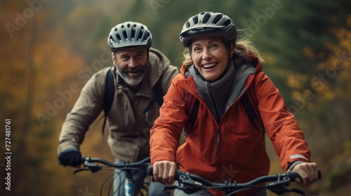 Happy couple riding bicycles in nature