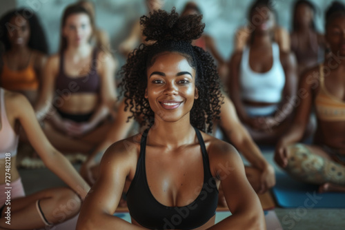 A woman is smiling in front of a group of women sitting on yoga mats