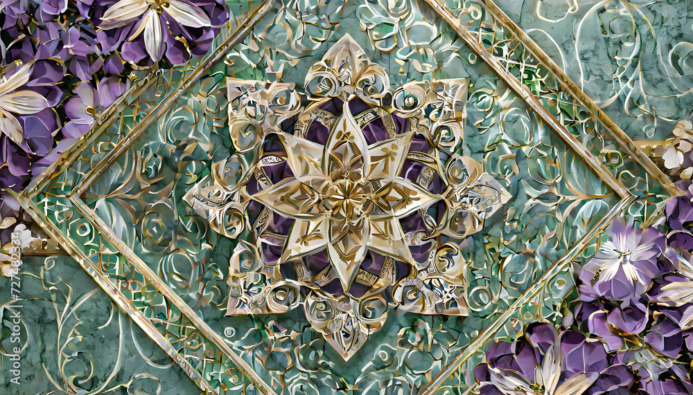 Experience the epitome of modern elegance with a stretch ceiling decoration model, featuring a 3D wallpaper adorned with a mandala and decorative frame on a green and purple marble background.