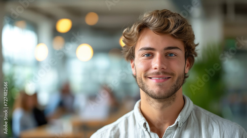 young handsome man with blue eyes on the background of a modern IT office, worker, programmer, professional, designer, guy, boy, portrait, smile, space for text, coworking, open space, people, person