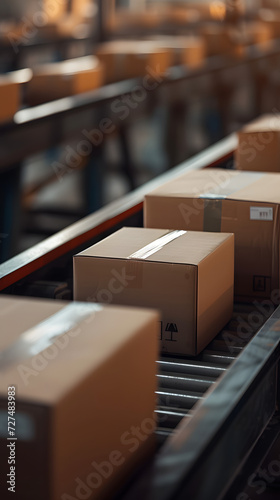shipping boxes on conveyor belt in a warehouse 
