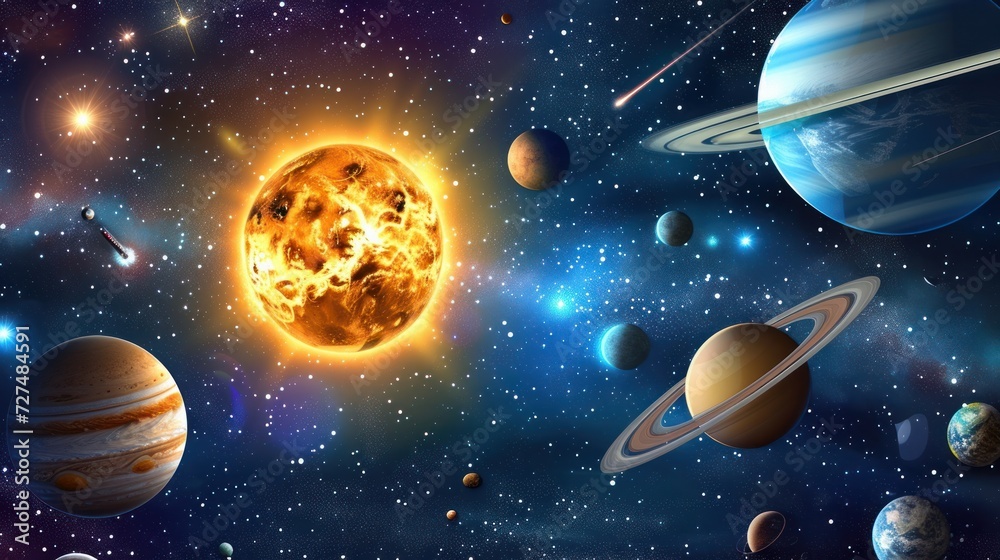 Solar system planets around the Sun vector design of space and astronomy. Universe galaxy Earth, Mars and Mercury with orbits and stars, Saturn, Jupiter, Uranus, Venus and Neptune with asteroid belt Solar system planets around the Sun vector design of space and astronomy. Universe galaxy Earth, Mars and Mercury with orbits and stars, Saturn, Jupiter, Uranus, Venus and Neptune with asteroid belt