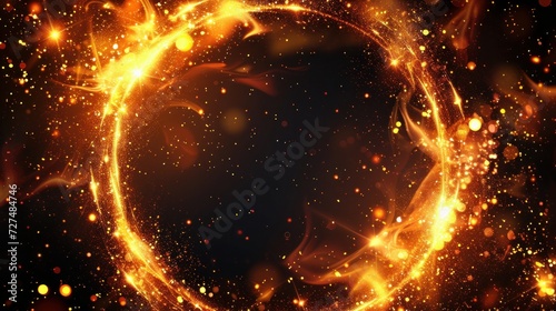 Sparkling burning frame on black background, fire show. Beautiful template for design greeting card, flyer, holiday billboard or Web banner