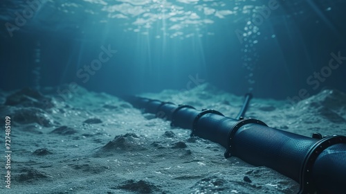Submarine underwater communication fibre optic cable on deep sea bed. 3D rendering