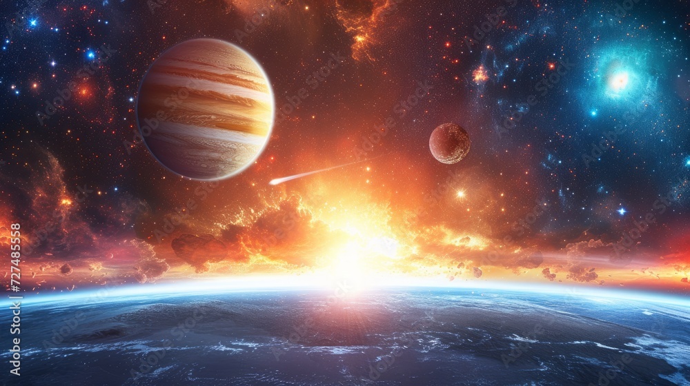 Sun, planets of the solar system and planet Earth, galaxies, stars, comet, asteroid, meteorite, nebula. Space panorama of the universe Sun, planets of the solar system and planet Earth, galaxies, stars, comet, asteroid, meteorite, nebula. Space panorama of the universe