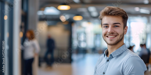young handsome man with blue eyes on the background of a modern IT office, worker, programmer, professional, designer, guy, boy, portrait, smile, space for text, coworking, open space, people, person © Julia Zarubina