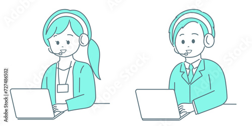 テレオペレーターの男女がインカムで話しているイラスト