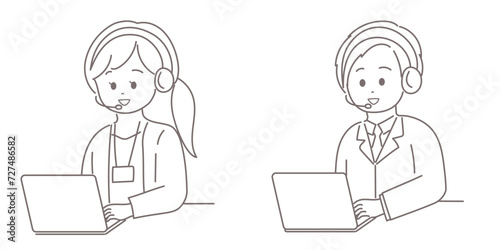 テレオペレーターの男女がインカムで話しているイラスト