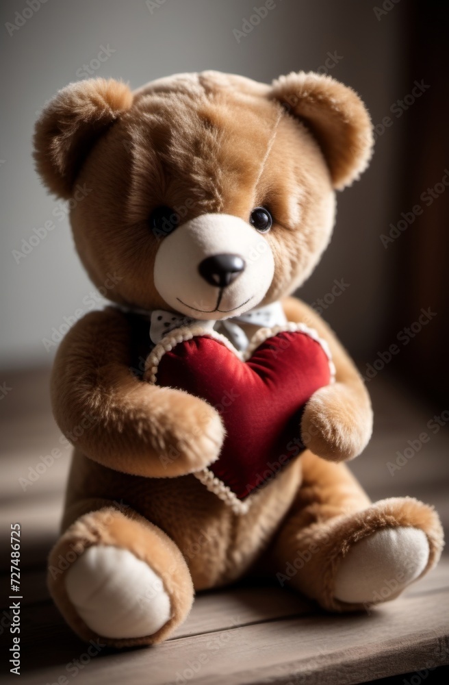 Ein niedlicher Teddybär, der ein rotes Herz hält, sitzt auf einem Holzuntergrund und schafft eine liebevolle, romantische Atmosphäre, perfekt als Valentinstagsmotiv. Generative KI