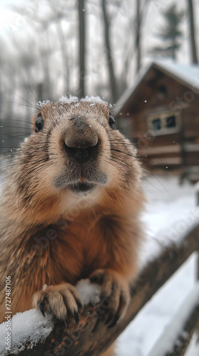 Groundhog Sitting on Fence in the Snow