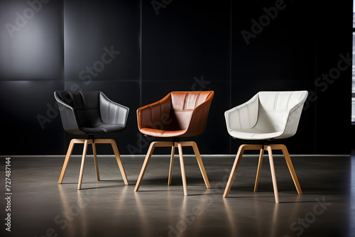 Modern black and white armchairs in a room with a dark wall