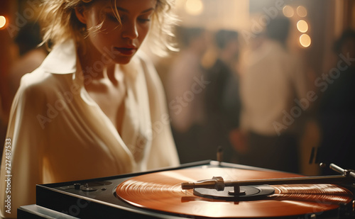 Young woman looking at LP records player with old vintage retro vinyl disc  with dancing disco party background. Analog electronics, natural sound quality and retro style life concept. photo