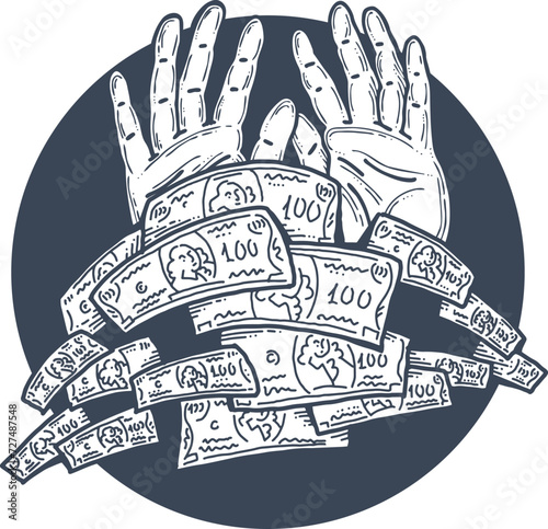 Big dollars banknotes money in your hands. Finance business, commerce, payment economy  theme for poster print, vector elements. Take or give loan. Hand drawn illustration. Cartoon style drawing.