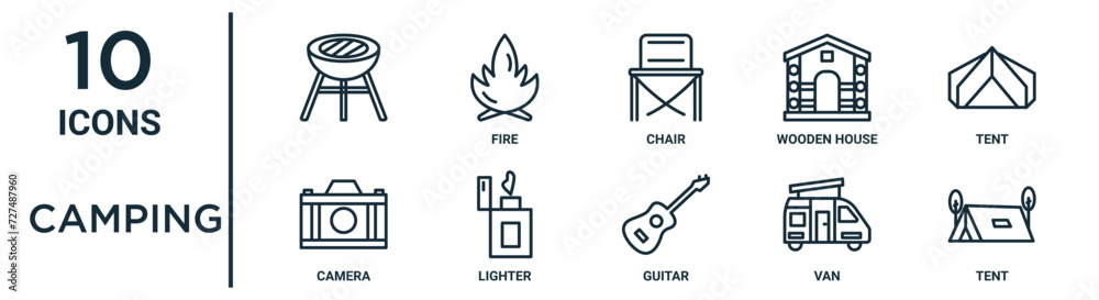 camping outline icon set such as thin line , chair, tent, lighter, van ...
