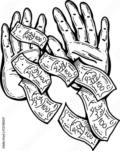 Big dollars banknotes money in your hands. Finance business, commerce, payment economy  theme for poster print, vector elements. Take or give loan. Hand drawn illustration. Cartoon style drawing.