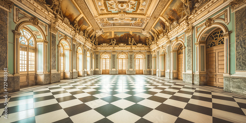 gold marble interior of the royal golden palace.  castle interior with checkered floor. Luxurious palace royal interior photo
