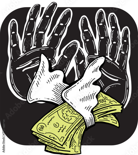 Big dollars banknotes money in your hands. Finance business, commerce, payment economy  theme for poster print, vector elements. Take or give loan. Hand drawn illustration. Cartoon style drawing.