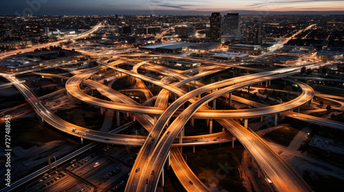 Beautiful night interchange fast traffic aerial drone shot during picturesque sunset evening light. Never ending car moving, architecture and transportation industry concept image.