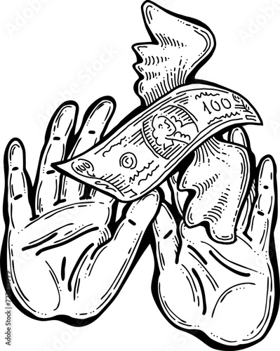 Big dollars banknotes money in your hands. Finance business, commerce, payment economy  theme for poster print, vector elements. Take or give loan. Hand drawn illustration. Cartoon style drawing.
