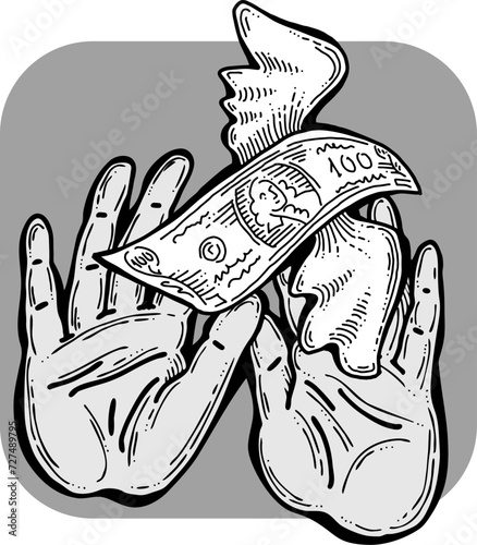 Big dollars banknotes money in your hands. Finance business, commerce, payment economy  theme for poster print, vector elements. Take or give loan. Hand drawn illustration. Cartoon style drawing.