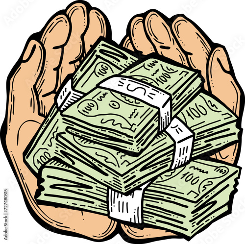 Big dollars banknotes money in your hands. Finance business, commerce, payment economy  theme for poster print, vector elements. Take or give loan. Hand drawn illustration. Cartoon style drawing.