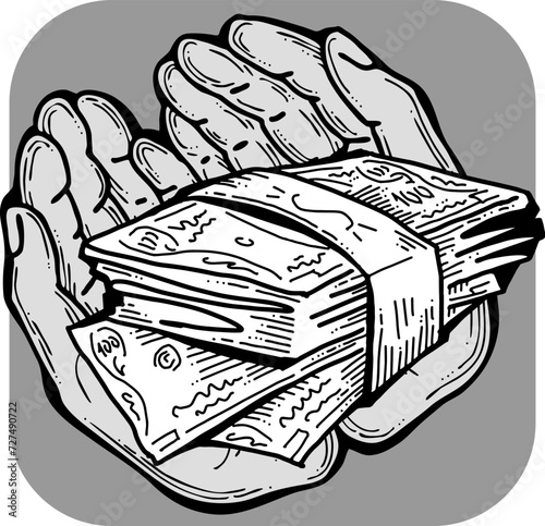 Big dollars banknotes money in your hands. Finance business, commerce, payment economy  theme for poster print, vector elements. Take or give loan. Hand drawn illustration. Cartoon style drawing.