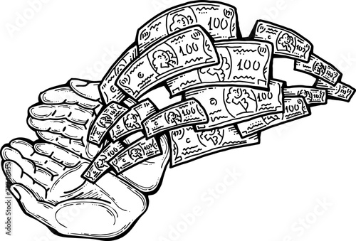 Big dollars banknotes money in your hands. Finance business, commerce, payment economy  theme for poster print, vector elements. Take or give loan. Hand drawn illustration. Cartoon style drawing.