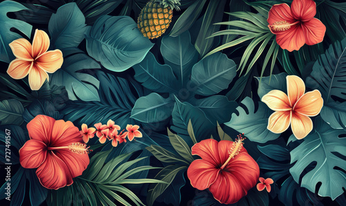 Vintage Hawaiian Tropical Leaves Flatlay: Embrace Island Vibes with Exotic Flora Sketche