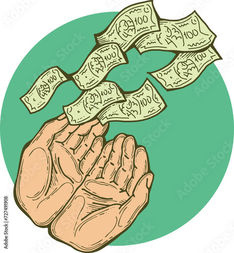 Big dollars banknotes money in your hands. Finance business, commerce, payment economy  theme for poster print, vector elements. Take or give loan. Hand drawn illustration. Cartoon style drawing.