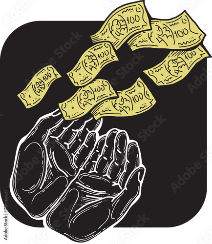 Big dollars banknotes money in your hands. Finance business, commerce, payment economy  theme for poster print, vector elements. Take or give loan. Hand drawn illustration. Cartoon style drawing.