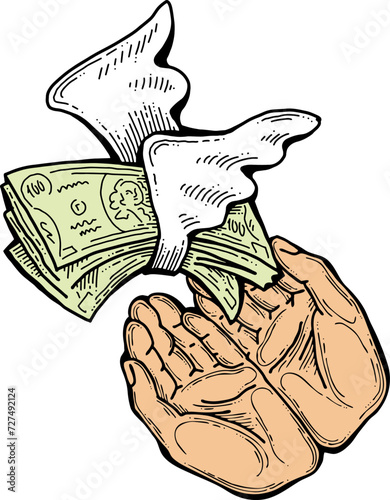 Big dollars banknotes money in your hands. Finance business, commerce, payment economy  theme for poster print, vector elements. Take or give loan. Hand drawn illustration. Cartoon style drawing.