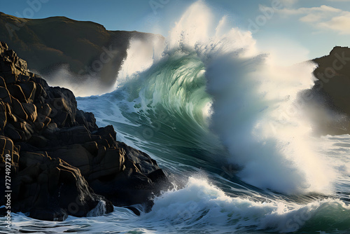 Giant ocean wave breaking on the rocks. 3D illustration.