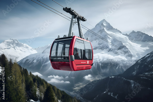 Cable car against snowy mountains in a sunny day. 3d rendering