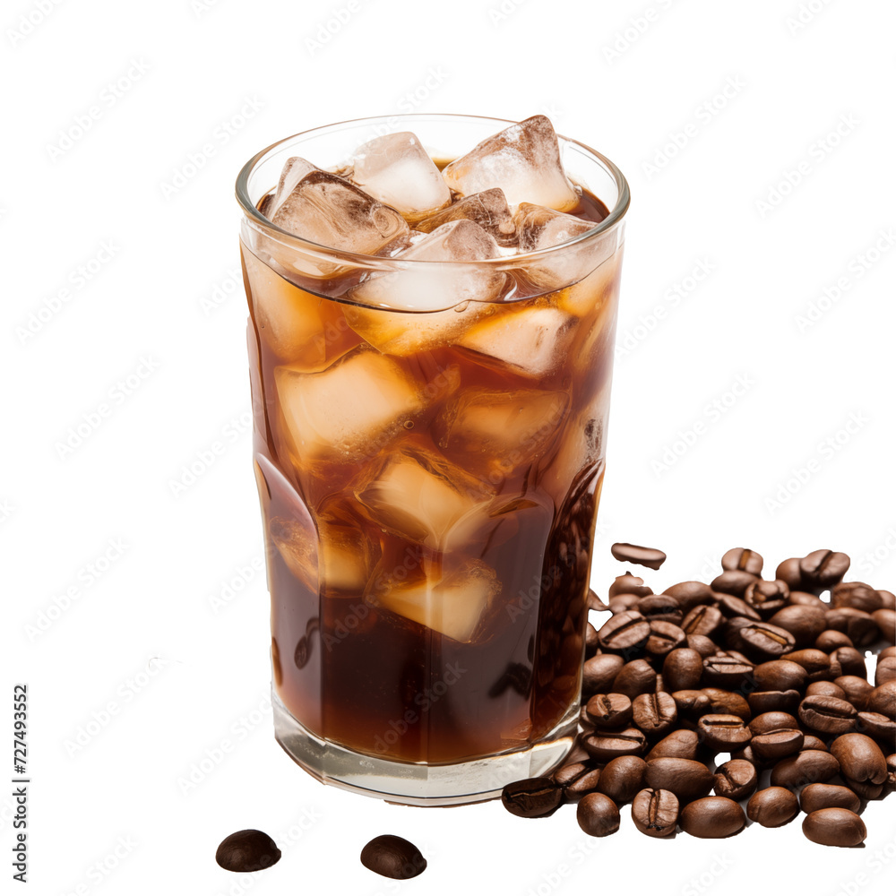 Ice coffee with coffee beans on a white background Ice coffee with coffee beans on a white background