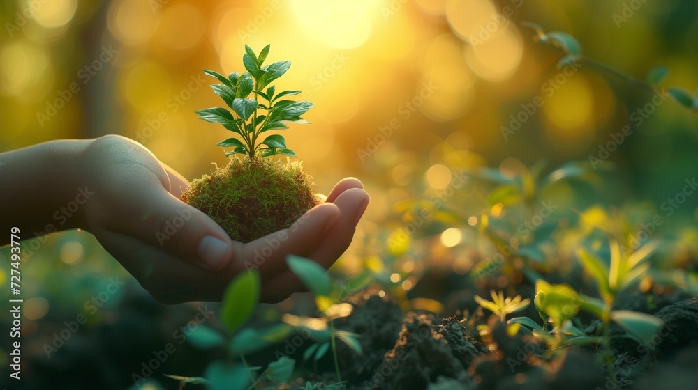 Fototapeta premium Human hands cradle a small plant, representing the concept of reducing global warming through environmental conservation and reforestation..