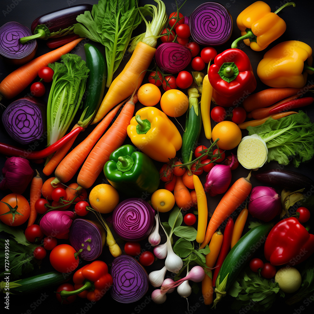Fresh vegetables and fruits on a white background, featuring tomatoes, peppers, onions, cabbage, cucumbers, broccoli, lettuce, and garlic – a vibrant and healthy assortment
