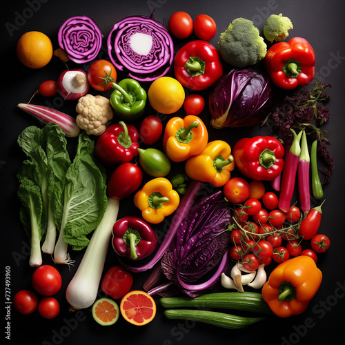 Fresh vegetables and fruits on a white background  featuring tomatoes  peppers  onions  cabbage  cucumbers  broccoli  lettuce  and garlic     a vibrant and healthy assortment