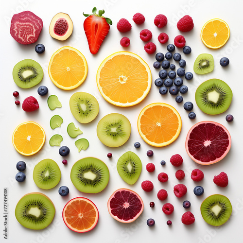 Isolated Collection of Fresh Fruits and Vegetables on a White Background, Featuring Orange, Lemon, Grapefruit, Apple, Lime, Kiwi, and More