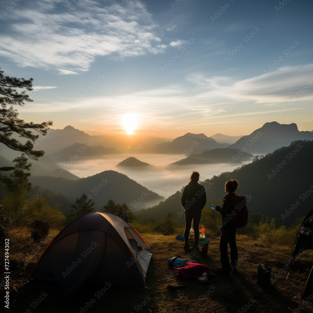 Mountain Camping Adventure with Nature-Loving Couple Enjoying Sunset Views on Hilltop