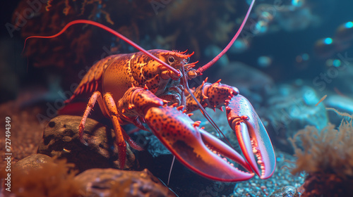 Lobster and crayfish in a seafood-filled aquarium, showcasing red crustaceans with claws and antennas, ready for a gourmet meal in a fresh aquatic environment