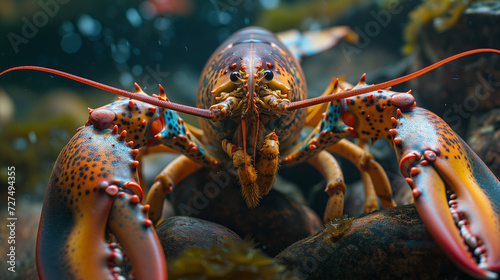 Lobster and crayfish in a seafood-filled aquarium, showcasing red crustaceans with claws and antennas, ready for a gourmet meal in a fresh aquatic environment