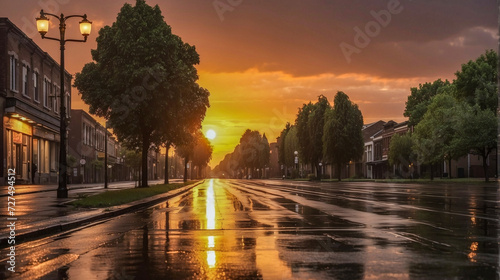 The Wet Road Reflects The Sun As it sets After The Rain on the Main Street With trees and street lights.
