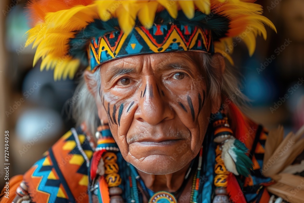 closeup indigenous american indian man with feathers