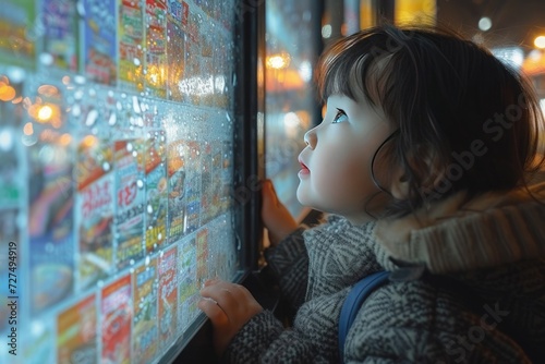 close-up of a girl looking at a shop window very attentive